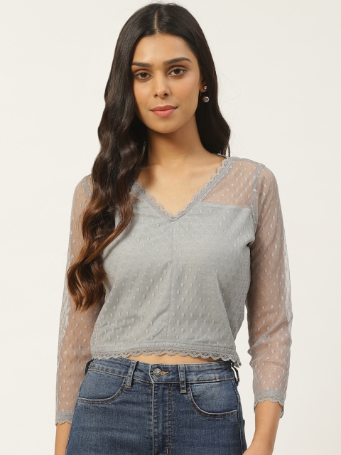 

SIRIKIT Women Grey Self Design Semi-Sheer Crop Top