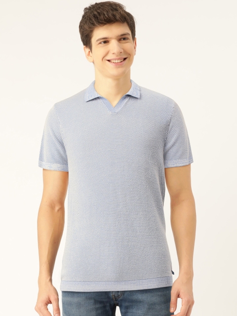 

United Colors of Benetton Men Blue & White Self Design Polo Collar T-shirt