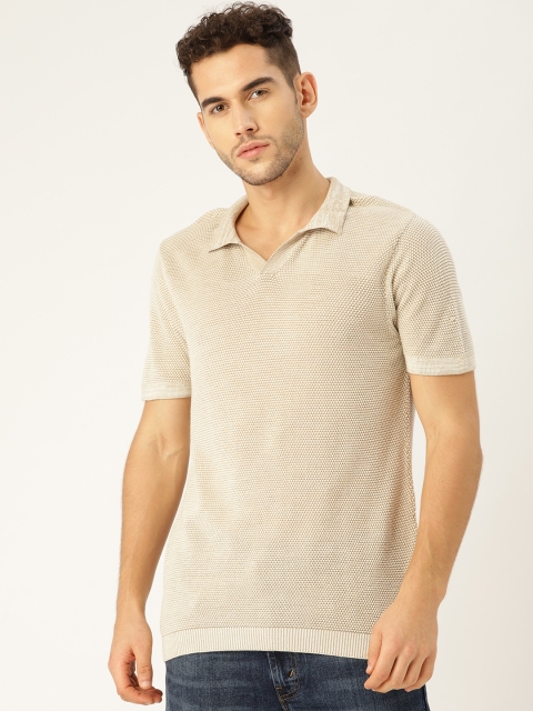 

United Colors of Benetton Men Beige & White Self Design Polo Collar Winter T-shirt