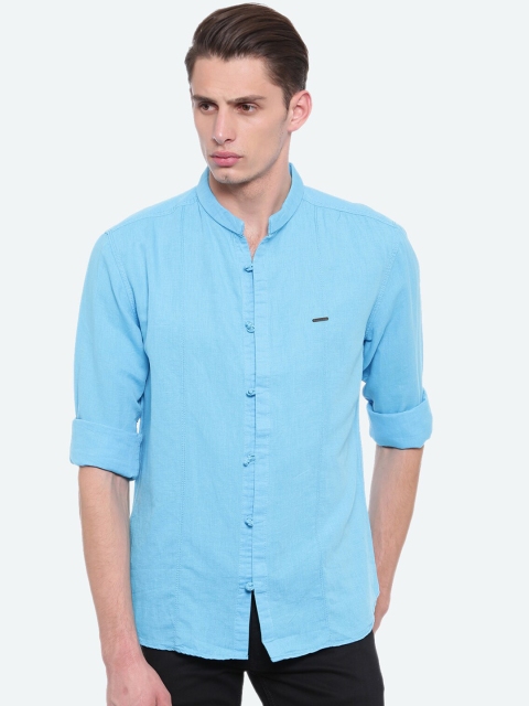 

WITH Men Turquoise Blue Slim Fit Solid Casual Linen Shirt