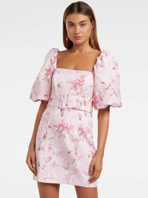 

Forever New Women Pink Printed Puff Sleeve Sheath Dress