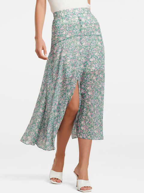 

Forever New Women Green & Pink Printed A-Line Midi Skirt