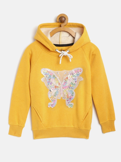 

White Snow Girls Mustard Yellow Butterfly Embellished Hooded Sweatshirt