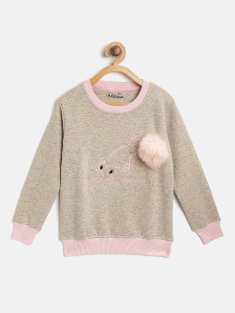 

White Snow Girls Beige Embroidered Sweatshirt with Faux Fur Applique Detail