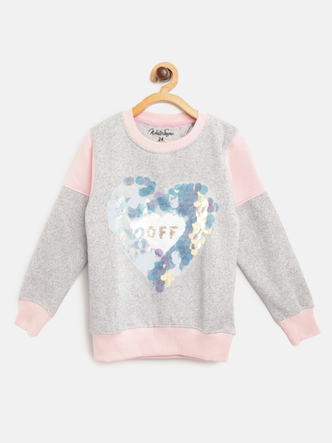

White Snow Girls Grey Melange & Pink Heart Sequinned Sweatshirt