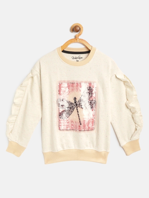

White Snow Girls Beige & Pink Dragonfly Sequinned Sweatshirt with Ruffled Detail