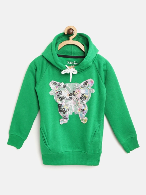 

White Snow Girls Green Butterfly Sequinned Hooded Sweatshirt