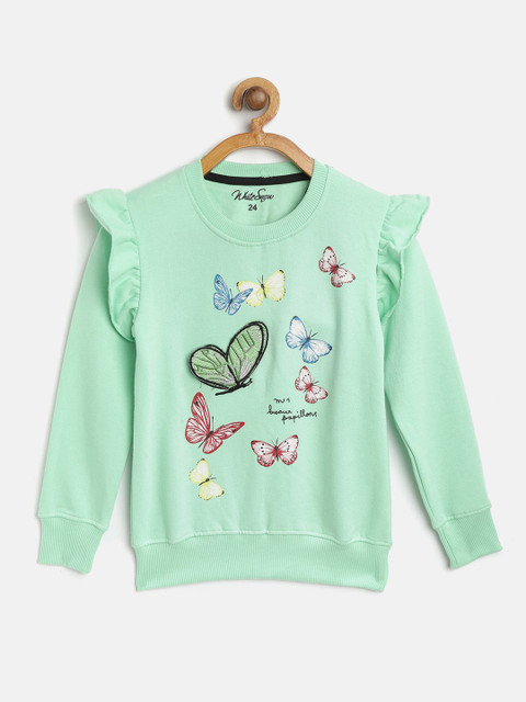 

White Snow Girls Mint Green Butterfly Print Sweatshirt with Applique Detail
