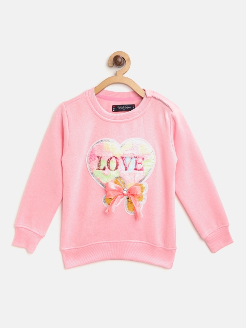 

White Snow Girls Pink & Green Faux Fur Applique Sweatshirt with Bow & Sequinned Detail