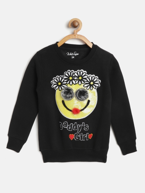 

White Snow Girls Black & Yellow Emoticon Sequinned Sweatshirt with Faux Fur Detail