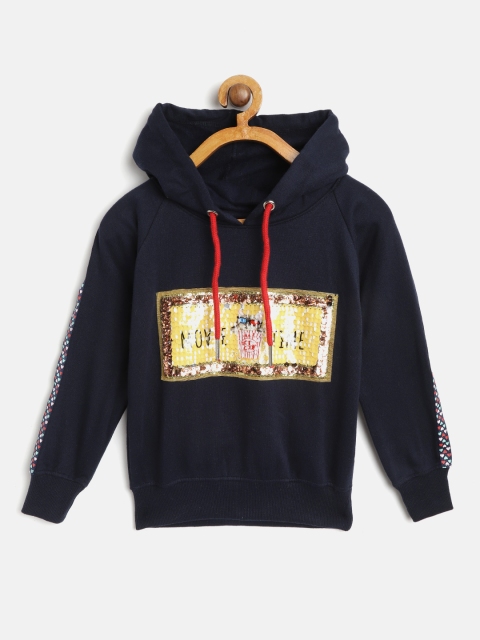 

White Snow Girls Navy Blue & Yellow Sequinned Hooded Sweatshirt