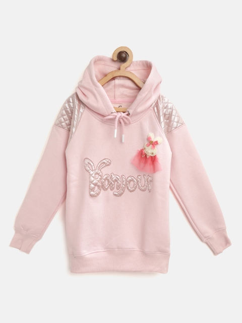 

White Snow Girls Pink Typography Applique Hooded Sweatshirt