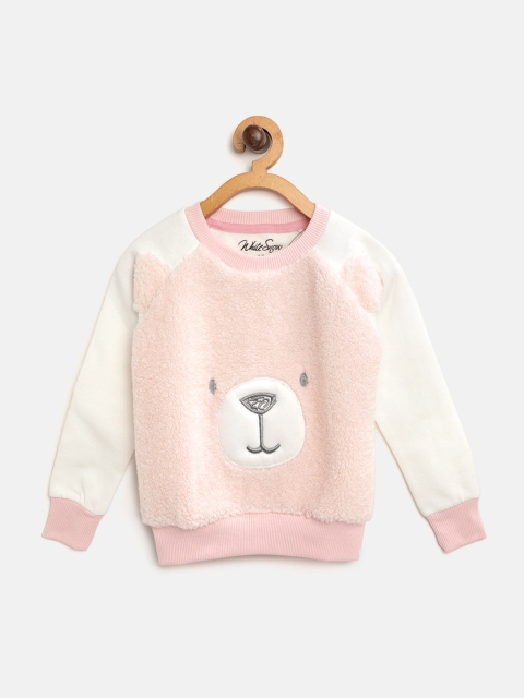 

White Snow Girls Pink & White Faux Fur Sweatshirt with Applique Detail