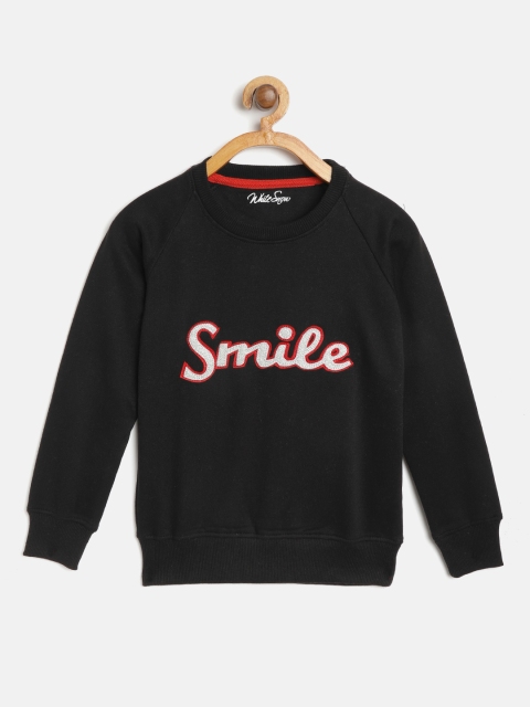 

White Snow Girls Black Solid Sweatshirt with Applique Detail