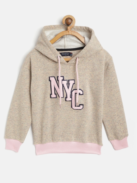 

White Snow Girls Beige Applique Detail Hooded Sweatshirt