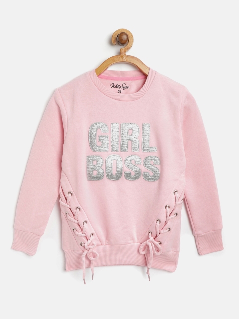 

White Snow Girls Pink & Silver Applique Sweatshirt with Lace-Ups Detail
