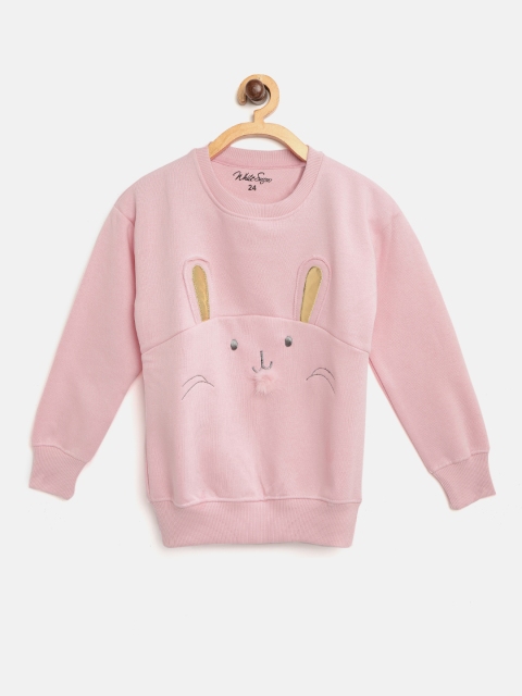 

White Snow Girls Pink & Golden Bunny Applique Sweatshirt with Faux Fur Detail