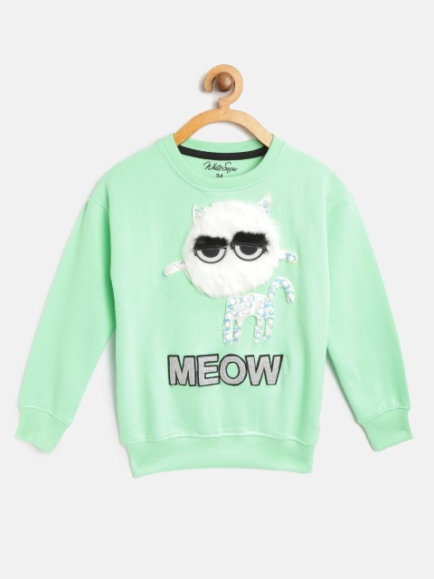 

White Snow Girls Green Faux Fur Applique Sweatshirt with Sequinned & Beaded Detail