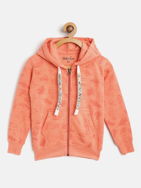 

White Snow Girls Coral Orange Tropical Print Hooded Front-Open Sweatshirt