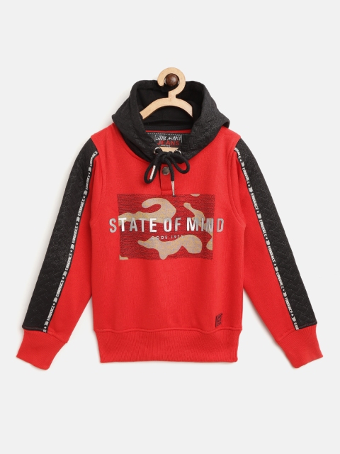 

Little Marco Boys Red & Black Printed Hooded Sweatshirt with Colourblocked Detail