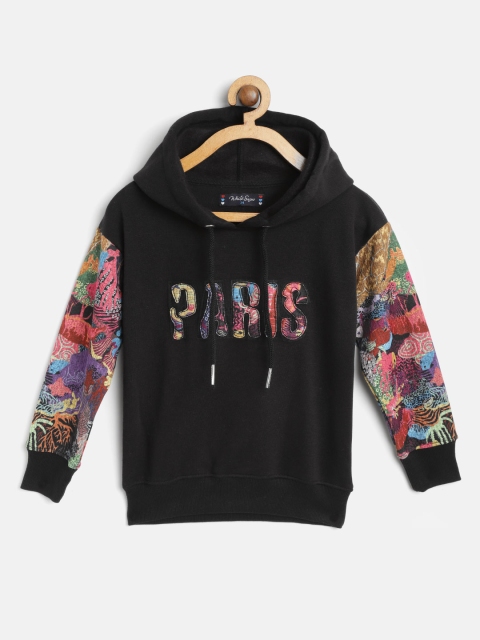 

White Snow Girls Black Typography Applique Hooded Sweatshirt