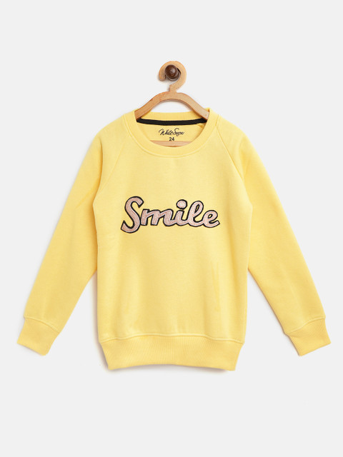 

White Snow Girls Yellow Typography Applique Sweatshirt with Shimmer Detail