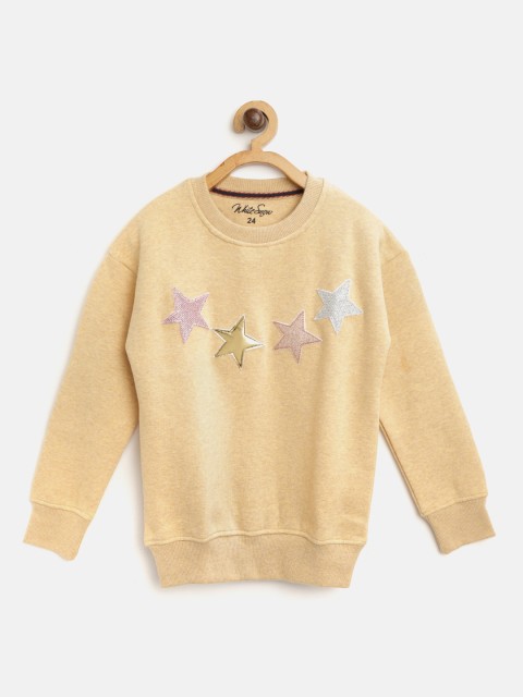 

White Snow Girls Beige Solid Sweatshirt with Star Applique Detail
