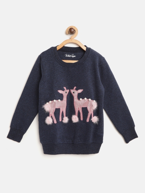 

White Snow Girls Navy Blue Deer Applique Sweatshirt with Faux Fur & Shimmer Detail