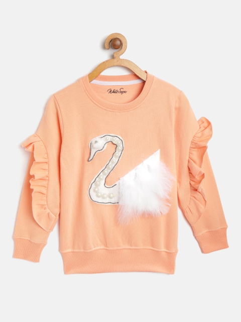 

White Snow Girls Coral Orange & White Beaded Sweatshirt with Faux Fur Detail