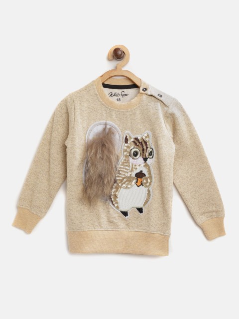 

White Snow Girls Beige Grindle Effect Squirrel Sequinned Sweatshirt & Faux Fur Detail