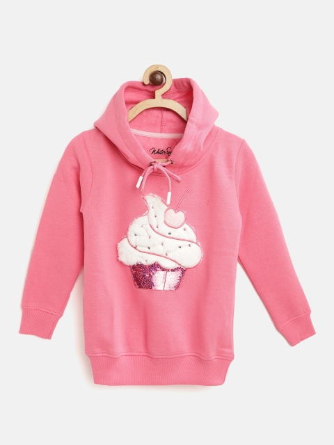 

White Snow Girls Pink & White Faux Fur Applique Hooded Sweatshirt with Sequinned Detail