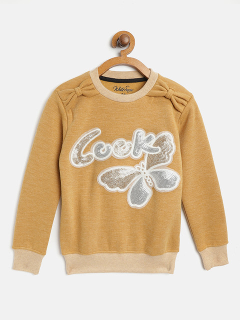 

White Snow Girls Mustard Yellow & Silver-Toned Typography & Butterfly Sequinned Sweatshirt
