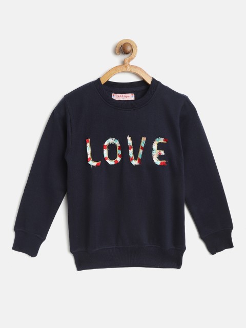 

White Snow Girls Navy Blue Love Embroidered Sweatshirt with Fringed Detail