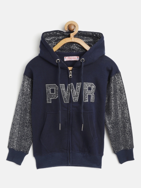 

White Snow Girls Navy Blue & Silver-Toned Typography Applique Hooded Sweatshirt