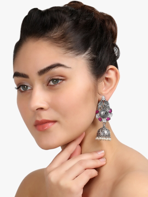 

Adwitiya Collection Silver-Plated & Pink Dome Shaped Jhumkas