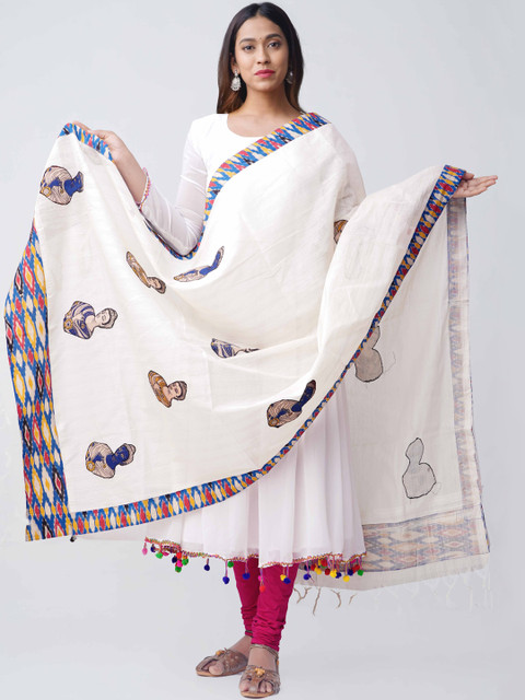 

Unnati Silks Cream-Coloured & Blue Woven Design Kalamkari Mangalagiri Sustainable Dupatta