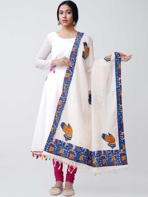 

Unnati Silks Cream-Coloured & Blue Embroidered Handloom Sustainable Dupatta