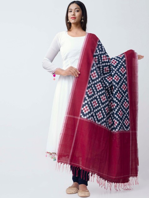 

Unnati Silks Navy Blue & Red Woven Design Pochampally Cotton Ikat Sustainable Dupatta
