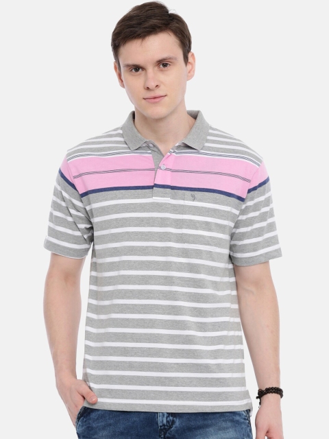 

Classic Polo Men Grey & White Striped Polo Collar Slim Fit T-shirt