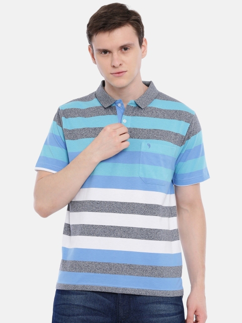 

Classic Polo Men Blue & White Striped Polo Collar Slim Fit T-shirt