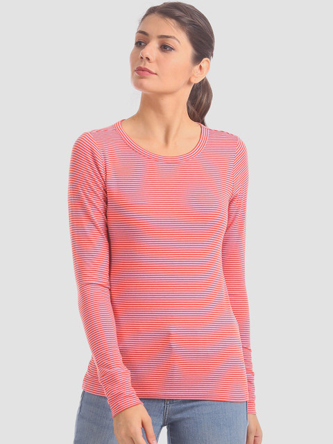 

GAP Women Pink Striped Round Neck T-shirt