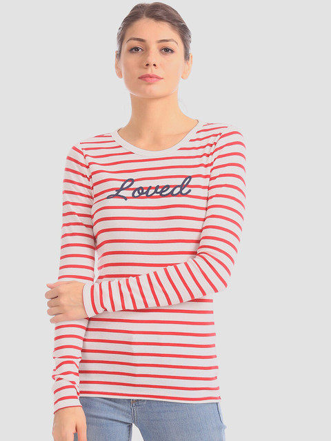 

GAP Women Red & White Striped Round Neck T-shirt