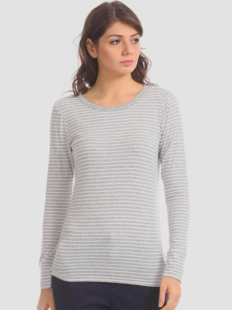 

GAP Women Grey Crew Neck Long Sleeve Striped T-Shirt