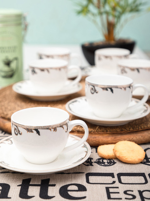 

White Gold White 6-Pieces Printed Porcelain Cups and Saucers Set 140 ml
