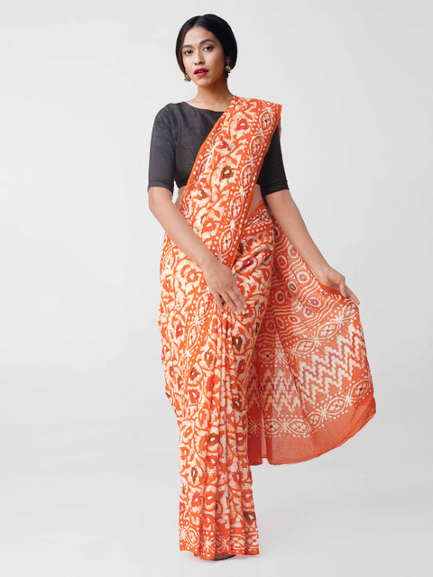 

Unnati Silks Orange Pure Cotton Printed Kota Saree