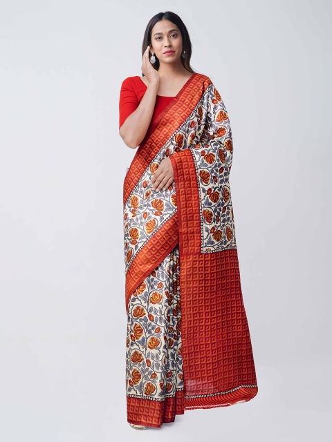 

Unnati Silks Cream-Coloured & Orange Pure Silk Printed Handloom Tussar Saree
