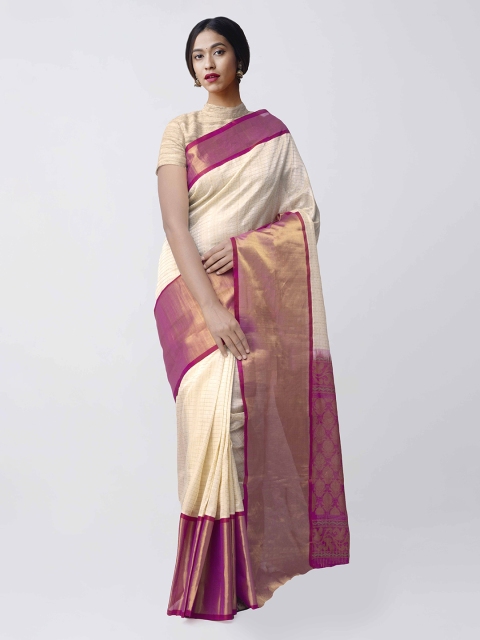 

Unnati Silks Cream-Coloured & Pink Silk Cotton Woven Design Handloom Kanjeevaram Saree
