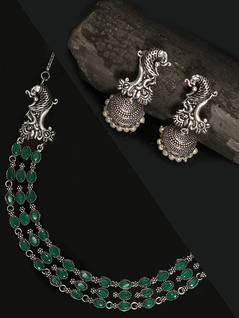 

Priyaasi Green Oxidised Silver-Plated Stone Studded & Beaded Handcrafted Jewellery Set