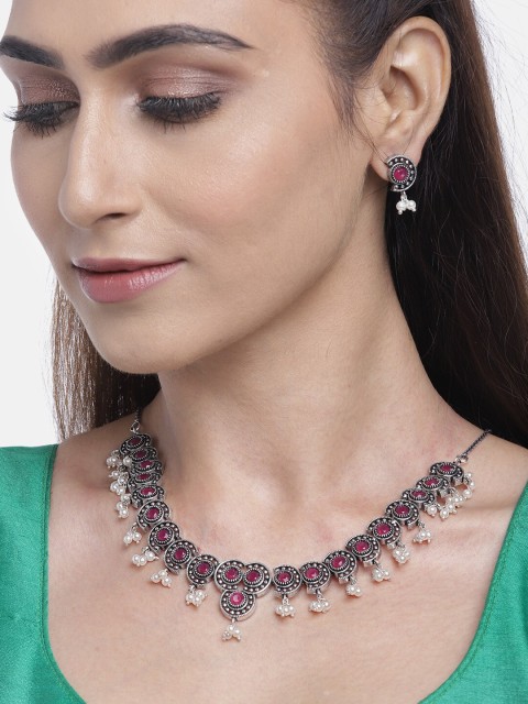 

Priyaasi Magenta Silver-Plated German Silver Stone-Studded Handcrafted Jewellery Set