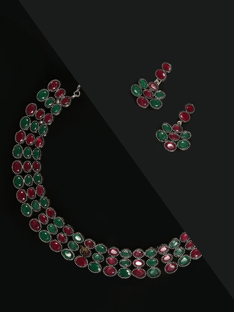 

Priyaasi Magenta & Green Silver-Plated Stone-Studded Handcrafted Jewellery Set